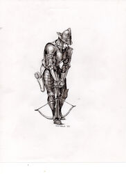  1boy absurdres armor boots breastplate commentary crossbow crossbow_bolt english_commentary full_armor full_body gauntlets greaves greyscale helmet highres ink_(medium) inktober male_focus manuel_castanon monochrome mouth_hold original pauldrons plate_armor quiver reloading scan shoulder_armor simple_background solo traditional_media weapon white_background 