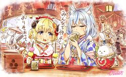  4girls ahoge animal_ears bear_paws buru-dai cat_ears cleaver cup daifuku_(yukihana_lamy) dango drinking eating felyne food heart heart_ahoge highres hololive horns japanese_clothes kimono lantern momosuzu_nene monster_hunter_(series) monster_hunter_rise multiple_girls natsuiro_matsuri sanshoku_dango sheep_horns signature tsunomaki_watame tsunomaki_watame_(new_year) twintails virtual_youtuber wagashi yukihana_lamy yukihana_lamy_(new_year) yunomi 