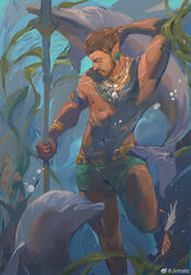  1boy abs arm_behind_head bara beard black_panther:_wakanda_forever brown_hair closed_eyes dark-skinned_male dark_skin dolphin facial_hair foot_out_of_frame freediving gold_necklace green_shorts groin highres holding holding_polearm holding_weapon jewelry jinhallz lance large_pectorals loincloth male_focus marvel marvel_cinematic_universe moustache muscular muscular_male namor necklace nipples pectorals pointy_ears polearm short_hair shorts solo stomach thick_thighs thighs topless_male tribal underwater weapon 