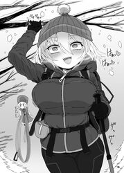  2girls :d alice_margatroid bare_tree beanie blush blush_stickers breasts cane floating fur_hat gloves greyscale hand_up hat highres holding holding_rope hood hood_down jacket large_breasts medium_hair mini_person minigirl monochrome multiple_girls pants rope shanghai_doll smile snow touhou tree winter_clothes yassy 