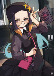  a:n_(angrynum) ao-chan_(ninomae_ina&#039;nis) bag beret black_dress black_hat collared_shirt dress female flat_chest forehead gradient_hair grey_shirt handbag hat highres holding holding_pen hololive hololive_english long_hair making-of_available multicolored_hair ninomae_ina&#039;nis ninomae_ina&#039;nis_(casual) official_alternate_hairstyle orange_hair pen pointy_ears purple_eyes purple_hair shirt sidelocks solo sparkle tablet_pc takodachi_(ninomae_ina&#039;nis) tentacle_hair v v-shaped_eyebrows virtual_youtuber 