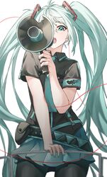  absurdres aqua_eyes aqua_hair aqua_nails aqua_necktie aqua_skirt armband azusa_(azunyan12) belt black_pantyhose black_shirt broken cable commentary cowboy_shot female hair_ornament handrail hatsune_miku highres holding holding_megaphone koi_wa_sensou_(vocaloid) logo long_hair looking_at_viewer megaphone miniskirt nail_polish necktie one_eye_covered open_mouth pantyhose pleated_skirt shirt short_sleeves skirt solo standing supercell_(band) twintails very_long_hair vocaloid white_background 