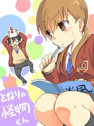  1boy animal animal_on_head bird blazer blush brown_hair chicken collared_shirt commentary_request copyright_name crest dotted_background female hair_tie holding holding_animal holding_pencil jacket knees long_hair mechanical_pencil mizutani_shizuku nagoya_(kaibutsu-kun) necktie notebook on_head oosuzu_aoi pants pencil school_uniform shirt socks squatting sweatdrop thinking tonari_no_kaibutsu-kun twintails writing yoshida_haru 