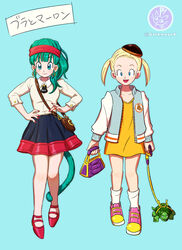  2girls aged_up alternate_costume ankle_strap aqua_background aqua_hair bag bare_legs beige_shirt black_skirt blonde_hair blue_eyes blunt_bangs bra_(dragon_ball) braid breasts brooch brown_headwear clothes_writing collarbone collared_shirt commentary_request contrapposto dragon_ball dragon_ball_gt earrings eyelashes fingernails flat_chest french_braid full_body grey_jacket hair_strand hairband handbag hands_on_own_hips hat highres hoop_earrings jacket jewelry kanji leash letterman_jacket long_sleeves looking_at_viewer loose_socks marron_(dragon_ball) medium_breasts monkey_tail multiple_girls norita_(6110885) open_clothes open_jacket open_mouth oversized_clothes oversized_shirt pink_footwear pink_hairband pleated_skirt red_footwear red_nails shirt shoes side-by-side simple_background skirt sneakers socks standing tail tama_(dragon_ball) tortoise turtle twintails twitter_username white_legwear yellow_shirt 