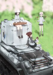  3girls aki_(girls_und_panzer) black_eyes black_hair breasts brown_eyes brown_hair bt-42 caterpillar_tracks cherry_blossoms day emblem food girls_und_panzer grass hat highres instrument kantele keizoku_(emblem) keizoku_military_uniform keizoku_school_uniform light_brown_hair long_hair mika_(girls_und_panzer) mikko_(girls_und_panzer) military military_vehicle motor_vehicle multiple_girls one_eye_closed open_mouth sausage school_uniform shirt short_hair shovel skirt smile spring_(season) tank tree twintails zafuri_(yzrnegy) 