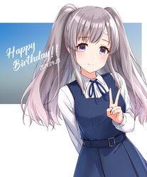  arm_behind_back bandaid bandaid_on_face bandaid_on_forehead belt blue_dress blue_eyes blush collared_shirt commentary_request dated dress female grey_hair happy_birthday highres idolmaster idolmaster_shiny_colors long_hair long_sleeves looking_at_viewer neck_ribbon pinafore_dress purple_eyes ribbon shirt sidelocks sleeveless sleeveless_dress smile solo suke_(momijigari) twintails v white_shirt yukoku_kiriko 