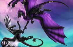  2022 ambiguous_gender black_body black_scales blue_eyes claws day detailed_background digital_media_(artwork) dragon duo european_mythology feral hi_res horn membrane_(anatomy) membranous_wings mythological_creature mythological_scalie mythology open_mouth outside purple_eyes scales scalie selianth sky spines tail teeth western_dragon wings 