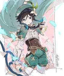  1boy androgynous argyle_clothes argyle_legwear beret black_hair blue_hair bow bow_(weapon) braid brooch cape closed_mouth collared_cape commentary_request corset feathers flower frilled_sleeves frills gem genshin_impact gradient_hair green_eyes green_hat green_shorts hair_flower hair_ornament hat highres holding holding_bow_(weapon) holding_weapon jewelry leaf long_sleeves looking_at_viewer male_focus multicolored_hair pantyhose pinwheel shirt short_hair_with_long_locks shorts smile solo stringless_(genshin_impact) twin_braids type-alpha venti_(genshin_impact) vision_(genshin_impact) weapon white_flower white_pantyhose white_shirt 