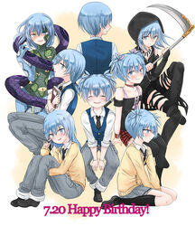  6+boys ansatsu_kyoushitsu bare_shoulders black_legwear blue_eyes blue_hair blue_skin blush book choker collared_shirt colored_skin crossdressing extra_eyes green_skin hair_tie happy highres hood hoodie jewelry kunugigaoka_middle_school_uniform long_hair looking_at_viewer male_focus monster_girl multicolored_skin multiple_boys multiple_persona necklace necktie open_mouth otoko_no_ko photoshop_(medium) ponytail reptile_girl scales school_uniform scythe shiota_nagisa shirt shoes short_hair short_twintails shy simple_background skirt smile snake snake_tail sweat tail tenten_(kitty) twintails two-tone_skin weapon 