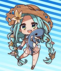  blue_hair chibi commentary female flower granblue_fantasy green_eyes hair_flower hair_ornament hat highres long_hair lyria_(daughter_of_pearl)_(granblue_fantasy) lyria_(granblue_fantasy) mochimochi_kinako. official_alternate_costume shark solo sun_hat swimsuit twintails 