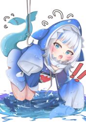  ! !! :o ^^^ animal_hood blue_eyes blue_hair blue_hoodie blush constricted_pupils drawstring dripping english_commentary female fins fish fish_tail fishing fishing_hook fishing_line flying_sweatdrops gawr_gura gawr_gura_(1st_costume) grey_hair highres hololive hololive_english hood hood_up hoodie legs_together minertime multicolored_hair ocean open_mouth shark_girl shark_hood shark_tail sharp_teeth sidelocks simple_background sleeves_past_fingers sleeves_past_wrists solo streaked_hair surprised tail teeth virtual_youtuber water wet wet_clothes white_background wide-eyed 