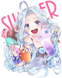  blue_eyes blue_hair blush commentary_request draph dress female food granblue_fantasy hair_ornament hairband ice_cream long_hair lyria_(daughter_of_pearl)_(granblue_fantasy) lyria_(granblue_fantasy) official_alternate_costume open_mouth pink_hairband thighlet tsumugi_touto very_long_hair white_dress 