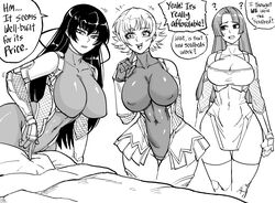  3girls absurdres bb_(baalbuddy) bed bed_sheet breasts cleavage english_text greyscale highres igawa_asagi igawa_sakura large_breasts long_hair monochrome multiple_girls pillow revealing_clothes short_hair speech_bubble taimanin_(series) thighhighs yatsu_murasaki 