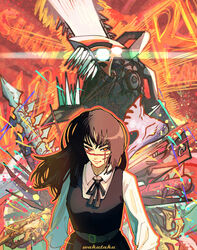  1boy belt black_hair black_ribbon chainsaw chainsaw_man collared_shirt cross_scar denji_(chainsaw_man) english_text female fourth_east_high_school_uniform glowing glowing_eyes gun highres long_sleeves looking_at_viewer medium_hair neck_ribbon open_mouth orange_eyes ribbon ringed_eyes scar scar_on_cheek scar_on_face school_uniform scope sharp_teeth shirt signature smile spiked_bat spine taku_(aywakutakuay) teeth weapon white_shirt yoru_(chainsaw_man) 