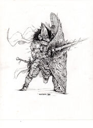  1other absurdres ambiguous_gender armor bassinet boots cape commentary copyright_request english_commentary floating_cape from_side gauntlets greaves greyscale helmet highres hounskull ink_(medium) inktober long_sword magic manuel_castanon monochrome pauldrons pelvic_curtain pointing scan shield shoulder_armor simple_background solo sword tower_shield traditional_media weapon white_background 