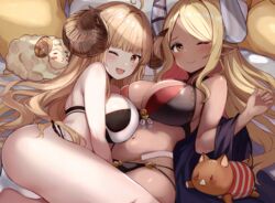  2girls absurdres ahoge anila_(granblue_fantasy) anila_(summer)_(granblue_fantasy) bikini blonde_hair boar breasts brown_eyes brown_hair commission dark-skinned_female dark_skin draph english_commentary granblue_fantasy highres horns kumbhira_(granblue_fantasy) kumbhira_(summer)_(granblue_fantasy) large_breasts long_hair multiple_girls myown navel on_bed one_eye_closed pixiv_commission pointy_ears sheep smile swimsuit thick_eyebrows 