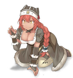  bangs braid breasts cleavage dark_skin dress female hair_between_eyes hat large_breasts long_hair long_sleeves looking_at_viewer lupusregina_beta maid overlord_(maruyama) red_hair rodon simple_background sitting smile solo 