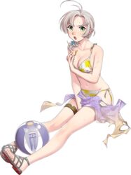  antenna_hair ball beachball bikini blush breasts collarbone female floral_print fujikawa full_body gladiator_sandals green_eyes grey_hair kantai_collection kinugasa_(kancolle) kinugasa_kai_ni_(kancolle) medium_breasts official_art one_side_up open_mouth sandals sarong short_hair solo swimsuit torn_clothes torn_sarong transparent_background yellow_bikini 