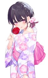  :q achiki black_hair blush braid candy_apple closed_mouth commentary_request cover_image cowboy_shot female floral_print flower food from_side gradient_hair hair_flower hair_ornament holding holding_food japanese_clothes kimono long_sleeves looking_at_viewer looking_to_the_side multicolored_hair novel_illustration obi official_art partial_commentary pink_flower print_kimono purple_eyes purple_hair sash satou_koharu shio_taiou_no_satou-san_ga_ore_ni_dake_amai short_hair sidelocks simple_background smile solo tongue tongue_out white_background white_kimono wide_sleeves yukata 