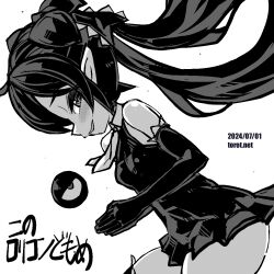  backbeako_(torotei) backbeard blush breasts commentary_request cowboy_shot dated dated_commentary dress elbow_gloves female from_side gegege_no_kitarou gloves greyscale hair_ribbon kono_lolicon_domome leaning_forward long_hair looking_at_viewer looking_to_the_side monochrome neckerchief original own_hands_together paid_reward_available pointy_ears profile ribbon simple_background sleeveless sleeveless_dress small_breasts smile solo thighhighs torotei translated twintails very_long_hair web_address white_background 