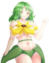  absurdres alternate_costume blush breasts commentary cowboy_shot female ginari green_hair highres kazami_yuuka large_breasts looking_at_viewer navel open_mouth red_eyes simple_background solo touhou white_background 