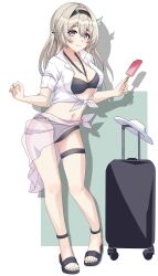  absurdres between_breasts bikini black_bikini black_footwear black_hairband breasts cleavage drop_shadow female firefly_(honkai:_star_rail) flip-flops full_body grey_eyes grey_hair grey_nails hairband halterneck highres honkai:_star_rail honkai_(series) long_hair looking_at_viewer maxwelzy medium_breasts nail_polish navel rolling_suitcase sandals sarong shirt smile solo standing stomach suitcase swimsuit thigh_strap tied_shirt white_background white_shirt 