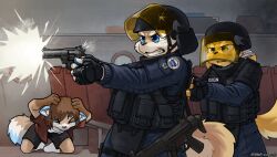  armor canid canine clothing detailed_background fingerless_gloves gloves group gun handgun handwear headgear helmet hi_res him_army male mammal mp5 police police_uniform pouches ranged_weapon revolver shooting submachine_gun trio uniform weapon 