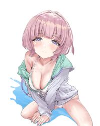  arimura_mao bikini blue_eyes blush breasts cleavage collarbone commentary_request female gakuen_idolmaster grey_jacket hamedoragon hood hooded_jacket idolmaster jacket large_breasts light_smile looking_at_viewer pink_hair solo spread_legs sweat swimsuit white_bikini 