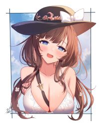  :d between_breasts bikini black_hat blue_eyes blue_sky border bow breasts brown_hair cleavage collarbone commentary female granblue_fantasy hat hat_bow head_tilt large_breasts light_particles long_hair looking_at_viewer official_alternate_costume omuretsu open_mouth outside_border raziel_(granblue_fantasy) raziel_(summer)_(granblue_fantasy) sidelocks signature sky smile solo strap_between_breasts swept_bangs swimsuit upper_body white_bikini white_border white_bow 