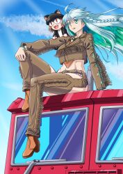  ahoge bead_bracelet beads bracelet braid chaps colored_inner_hair cropped_jacket denim denim_shorts fate/grand_order fate_(series) female green_eyes green_hair grey_hair hand_on_own_knee highres jewelry kukulkan_(fate) long_hair midriff motor_vehicle multicolored_hair navel neco-arc rofu_get shorts side_braid sitting truck wind 