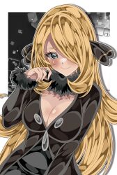  absurdres black_coat black_shirt blonde_hair blush border breasts cleavage closed_mouth coat commentary_request cynthia_(pokemon) female fur-trimmed_sleeves fur_collar fur_trim grey_eyes hair_ornament hair_over_one_eye hand_up highres large_breasts long_hair long_sleeves pokemon pokemon_dppt shiki_(kisikisi1007) shirt smile solo upper_body very_long_hair white_border 