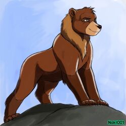  4_legs aged_up ambiguous_gender bear brother_bear brown_body brown_fur claws detailed_background disney feral fur koda_(brother_bear) mammal mouth_closed neck_tuft noki001 paws rock scar smile solo standing tuft 