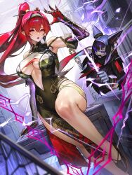  1other absurdres bare_shoulders breasts cleavage detached_sleeves electricity female gloves highres jinlin knee_up pelvic_curtain ponytail puppet purple_eyes red_hair solo_focus wuthering_waves yinlin_(wuthering_waves) 