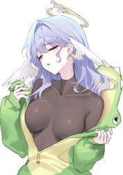  :o absurdres alternate_costume animal_costume black_bodysuit bodysuit breasts closed_eyes collarbone commentary_request earrings female hair_intakes halo head_wings highres honkai:_star_rail honkai_(series) jewel_under_eye jewelry korean_commentary large_breasts long_hair onesie open_mouth purple_hair raki_kr removing_costume robin_(honkai:_star_rail) simple_background sleeves_past_wrists solo sweatdrop unzipped upper_body white_background wings 