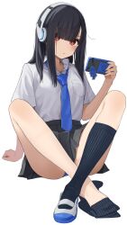  absurdres arm_support black_hair black_skirt black_socks blue_necktie blue_panties blush breast_pocket cellphone_charm charm_(object) closed_mouth commentary_request crossed_legs female headphones highres holding holding_phone kopaka_(karda_nui) long_hair looking_at_viewer necktie original panties panty_peek phone pleated_skirt pocket red_eyes ribbed_socks school_uniform shirt shirt_tucked_in shoes short_sleeves simple_background single_sock sitting skirt socks solo underwear uwabaki white_background white_shirt 