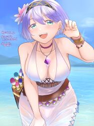  :d absurdres aqua_eyes belt bikini black_hairband blue_sky blush bobokuboboku breasts brown_belt collarbone commentary_request commission day elmina_(iris_mysteria!) female flower hair_between_eyes hair_flower hair_ornament hairband highres iris_mysteria! jewelry large_breasts necklace ocean open_mouth outdoors purple_hair second-party_source skeb_commission sky smile solo standing swimsuit tongue water white_bikini 