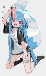  aqua_hair black_sleeves black_socks breasts cleavage denim denim_shorts drooling fangs female floppy_ears full_body hand_on_own_thigh heart highres holding kneeling long_hair mamuru medium_breasts open_mouth original raw_meat red_eyes saliva shirt short_shorts short_sleeves shorts simple_background socks solo tongue very_long_hair white_background white_shirt 