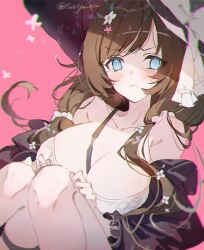  between_breasts blue_eyes breasts brown_hair female flower granblue_fantasy hair_flower hair_ornament hat knees_to_chest large_breasts long_hair looking_at_viewer pink_background raziel_(summer)_(granblue_fantasy) soriya strap_between_breasts 