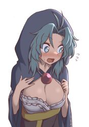  @_@ blue_eyes blue_hair blush breasts cachemerro cleavage collarbone embarrassed female flying_sweatdrops hood hood_up kumoi_ichirin large_breasts looking_to_the_side medium_hair open_mouth simple_background solo touhou upper_body white_background wide_sleeves 