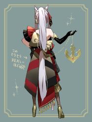  animal_ears asymmetrical_clothes asymmetrical_dress back bare_shoulders black_dress black_sleeves detached_sleeves dress ear_ornament female from_behind full_body gem gold_ship_(la_mode_564)_(umamusume) gold_ship_(umamusume) grey_background grey_hair hair_ornament highres horse_ears horse_girl horse_tail jewelry koppe_koppe long_hair necklace official_alternate_costume official_alternate_hairstyle ponytail red_gemstone simple_background single_bare_shoulder solo tail umamusume very_long_hair 