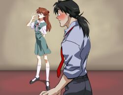  1boy absurdres amondetauro black_footwear black_shirt blue_shirt fellatio_gesture female highres kaji_ryouji necktie neon_genesis_evangelion open_mouth red_ribbon ribbon school_uniform shirt socks souryuu_asuka_langley standing tokyo-3_middle_school_uniform tongue tongue_out white_socks 