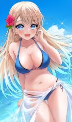  akirappy bikini blonde_hair blue_bikini blue_eyes blue_sky breasts cleavage cloud commentary_request female hair_flaps highres long_hair medium_breasts monster_strike open_mouth shennong_(monster_strike) side-tie_bikini_bottom sky smile solo standing swimsuit thigh_gap 