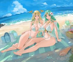  2girls alternate_costume barefoot beach bikini breasts cleavage commentary dual_persona english_commentary feet fire_emblem fire_emblem:_three_houses fire_emblem_heroes flower green_eyes green_hair hair_flower hair_ornament highres large_breasts legs long_hair multiple_girls ocean official_alternate_costume rhea_(fire_emblem) rhea_(summer)_(fire_emblem) seiros_(fire_emblem) sendo_(sendrawz) swimsuit time_paradox toenails toes white_bikini 