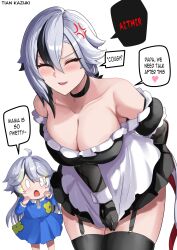  2girls :d ^_^ absurdres ahoge alternate_costume anger_vein apron arlecchino_(genshin_impact) bare_shoulders black_choker black_dress black_hair black_thighhighs blue_dress blush breasts choker cleavage closed_eyes collarbone dress enmaided garter_straps genshin_impact grey_hair heart highres large_breasts maid mother_and_daughter multicolored_hair multiple_girls off-shoulder_dress off_shoulder puffy_short_sleeves puffy_sleeves short_sleeves simple_background smile speech_bubble streaked_hair thighhighs thighs tian_kazuki waist_apron white_apron white_background 