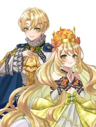  1boy alfred_(fire_emblem) bare_shoulders blonde_hair brother_and_sister celine_(fire_emblem) crown dress female fire_emblem fire_emblem_engage green_eyes grin highres long_hair long_sleeves looking_at_viewer own_hands_together shirt short_hair siblings simple_background smile upper_body very_long_hair white_background white_shirt wide_sleeves zqzbq 