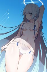  armpits bare_arms bare_legs bare_shoulders bikini blue_archive blue_eyes blue_hair blue_halo braid breasts cowboy_shot female general_student_council_president_(blue_archive) halo highres long_hair medium_breasts nnn051821 one_eye_closed single_braid solo swimsuit white_bikini 