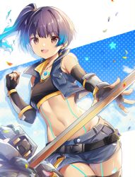  bare_shoulders black_hair black_tube_top blue_hair blue_shorts blue_vest body_markings breasts cropped_vest denim denim_shorts denim_vest female gradient_hair highres medium_hair multicolored_hair navel neon_trim open_clothes open_vest sena_(xenoblade) short_shorts shorts side_ponytail small_breasts solo strapless tube_top two-tone_hair ui_frara vest xenoblade_chronicles_(series) xenoblade_chronicles_3 