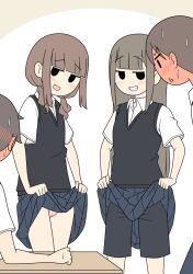  2boys 2girls accident black_eyes black_shorts black_sweater_vest blue_skirt blunt_bangs blush breasts brown_hair cameltoe clothes_lift collared_shirt commentary_request desk feet_out_of_frame full-face_blush furrowed_brow grin gym_shorts hair_over_shoulder juukyuu lifting_own_clothes long_hair looking_at_another low_twintails medium_hair mob_face multiple_boys multiple_girls no_pupils no_sclera open_mouth original panties pink_panties pleated_skirt raised_eyebrows school_uniform shirt short_hair short_sleeves short_twintails shorts shorts_under_skirt sidelocks simple_background sitting skirt skirt_lift small_breasts smile standing sweat sweater_vest twintails underwear white_background white_shirt 