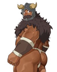  1boy ameno_mikazuki ass bara beard belly bulge_peek cowboy_shot dungeon_meshi dwarf facial_hair fake_horns from_behind helmet highres horned_helmet horns loincloth long_beard looking_back male_focus moustache muscular muscular_male pectorals senshi_(dungeon_meshi) solo standing thick_mustache thick_thighs thighs very_long_beard 