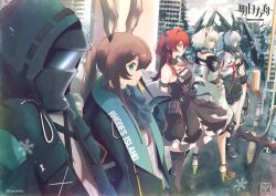  1other 4girls amiya_(arknights) animal_ear_fluff animal_ears arknights ascot bare_shoulders black_dress black_jacket black_scarf black_shorts black_thighhighs blue_ascot blue_eyes breasts brown_hair cat_ears chest_strap cityscape cleavage closed_mouth crop_top crossbow demon_horns doctor_(arknights) dress green_dress green_eyes green_hair grey_hair hair_between_eyes holding holding_crossbow holding_sword holding_weapon hood hood_up hooded_jacket horns jacket jewelry kal&#039;tsit_(arknights) laevatein_(la3vatein) long_hair long_sleeves material_growth multiple_girls navel neck_ring open_clothes open_jacket ponytail purple_eyes rabbit_ears rabbit_girl red_hair rhodes_island_logo_(arknights) ring scarf schwarz_(arknights) shirt short_hair short_shorts shorts skirt snowflakes star_of_life surtr_(arknights) sword thighhighs weapon white_jacket white_shirt yellow_eyes 